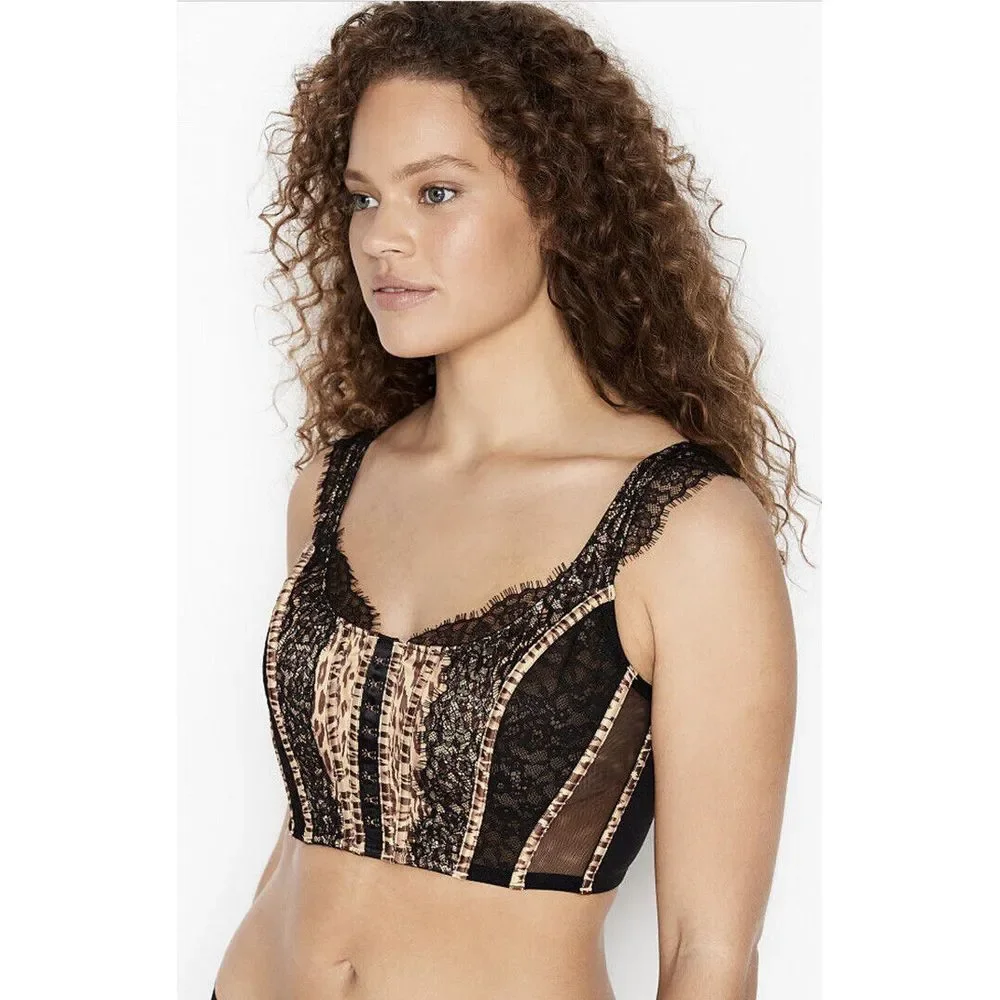 Victoria's Secret CORSET‎ LACE BRA TOP S-DD Thong S Set Black Leopard $108